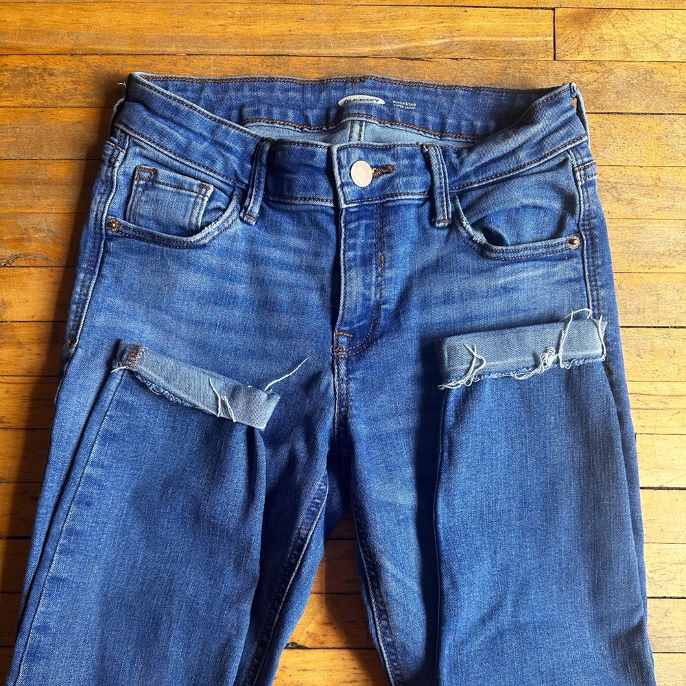 Old Navy Blue Straight Leg Jeans with Distressed Details